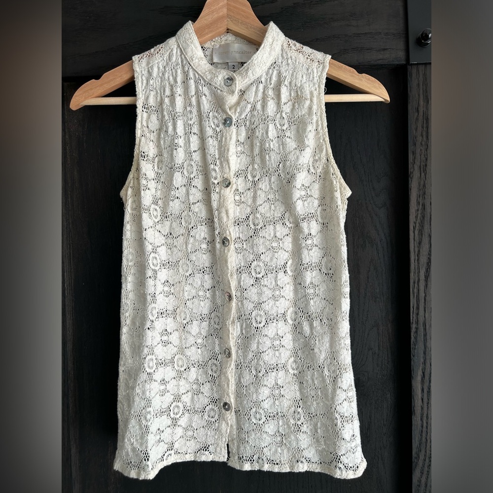 Corey Lynn coated crème sleeveless embroidered button up blouse